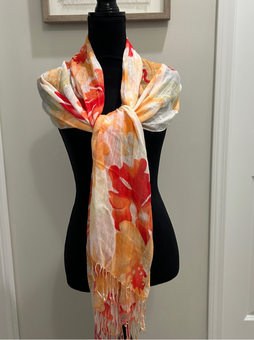 Lightweight Floral Scarf in Red ,Orange  and White with Fringe